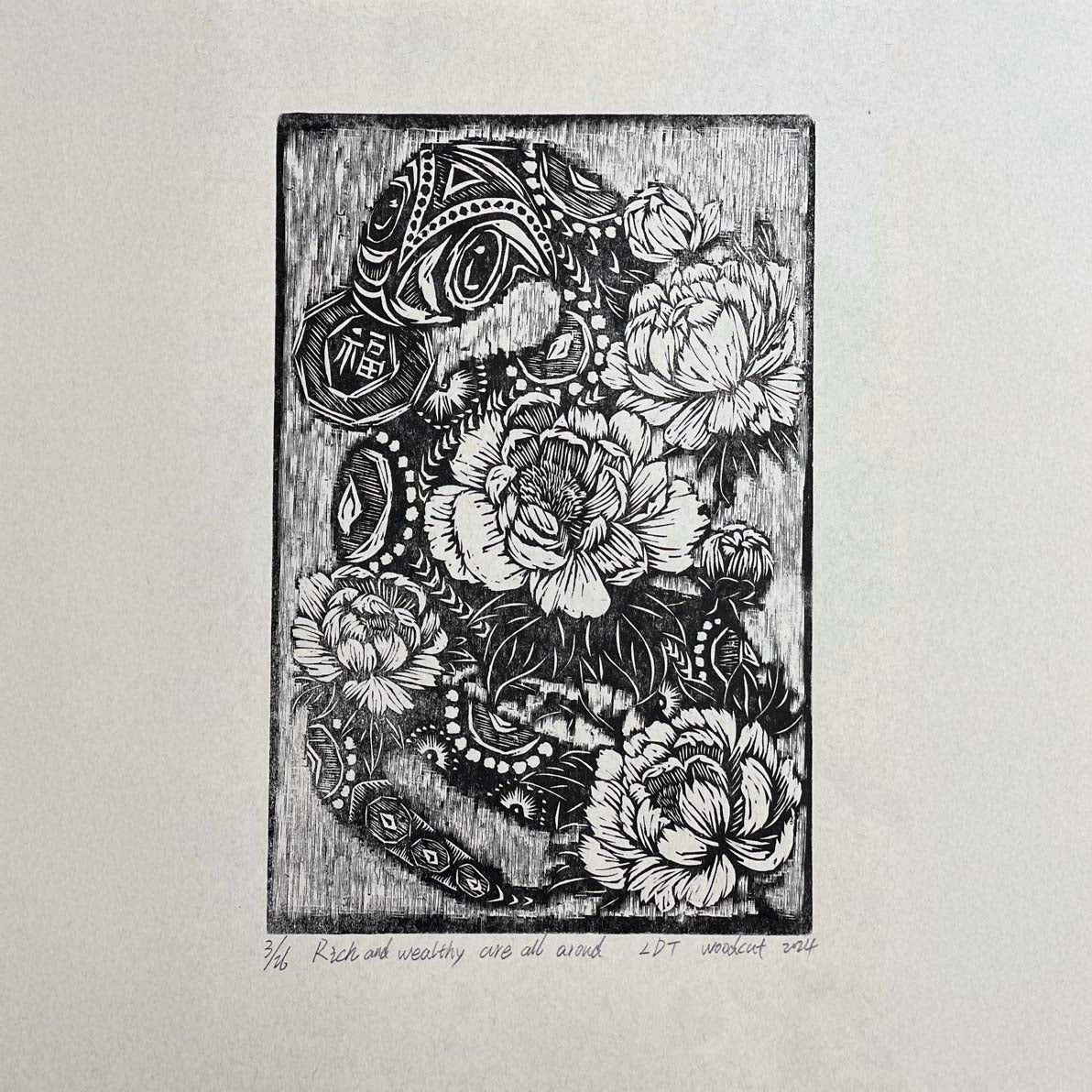 Prosperity Entwined - Snake and Peony Woodblock Print