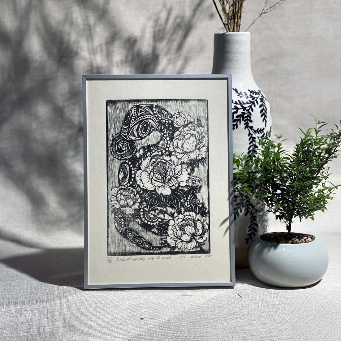 Prosperity Entwined - Snake and Peony Woodblock Print