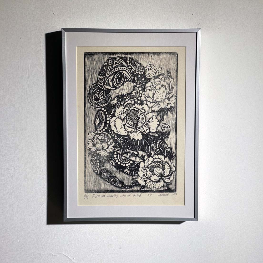 Prosperity Entwined - Snake and Peony Woodblock Print