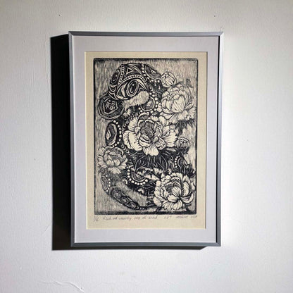 Prosperity Entwined - Snake and Peony Woodblock Print