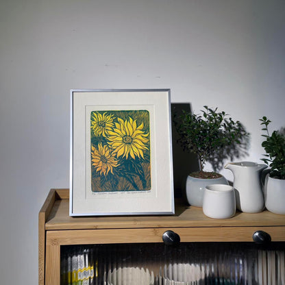 Gravure sur bois de tournesols en pleine floraison - Un symbole de vitalité