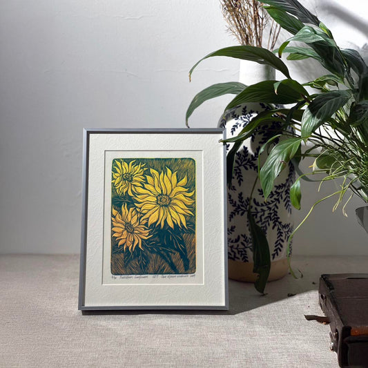 Full-Bloom Sunflowers Woodblock Print - A Symbol of Vitality