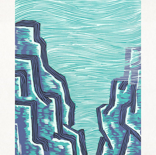 Mountain Sea Map Modern Woodblock Print | Symbolizing Adventure and Exploration