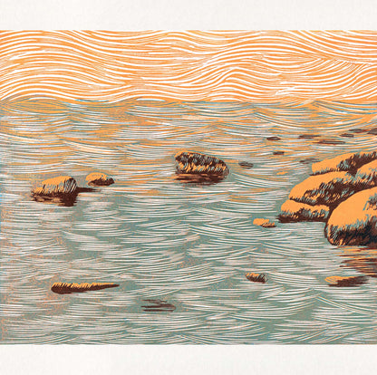 Stones in River Modern Woodblock Print | Symbolizing Stability and Flow