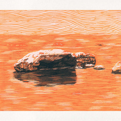 Stones in River Modern Woodblock Print | Symbolizing Stability and Flow